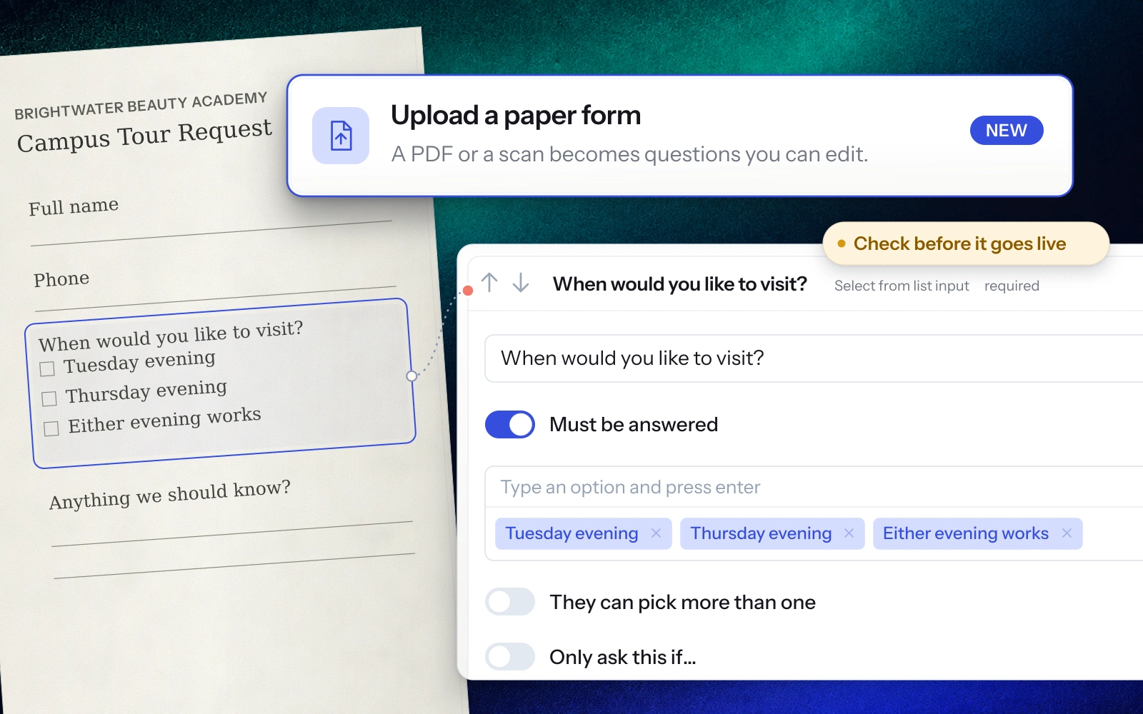 Upload a PDF or a scan. Lumion turns it into questions, and your team checks each one before it goes live.