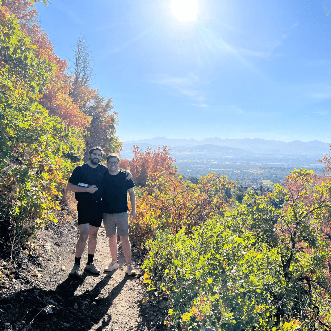 Lumion team members hiking together in beautiful fall scenery