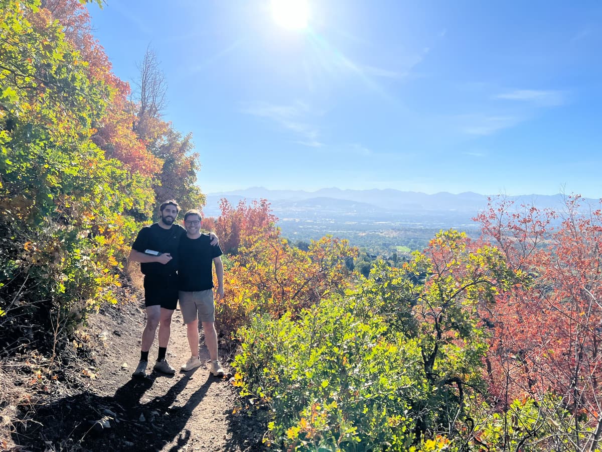 Lumion team members hiking together in beautiful fall scenery