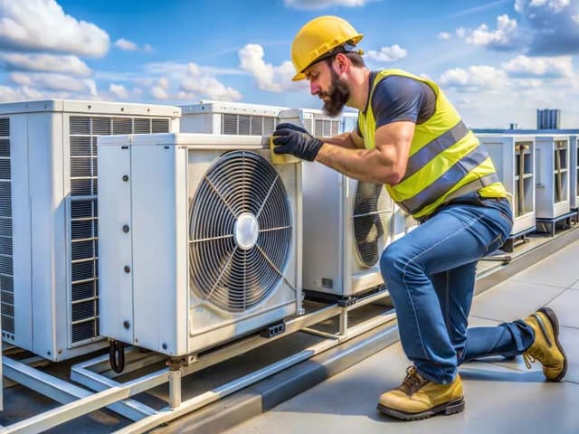 HVAC technician working on rooftop equipment