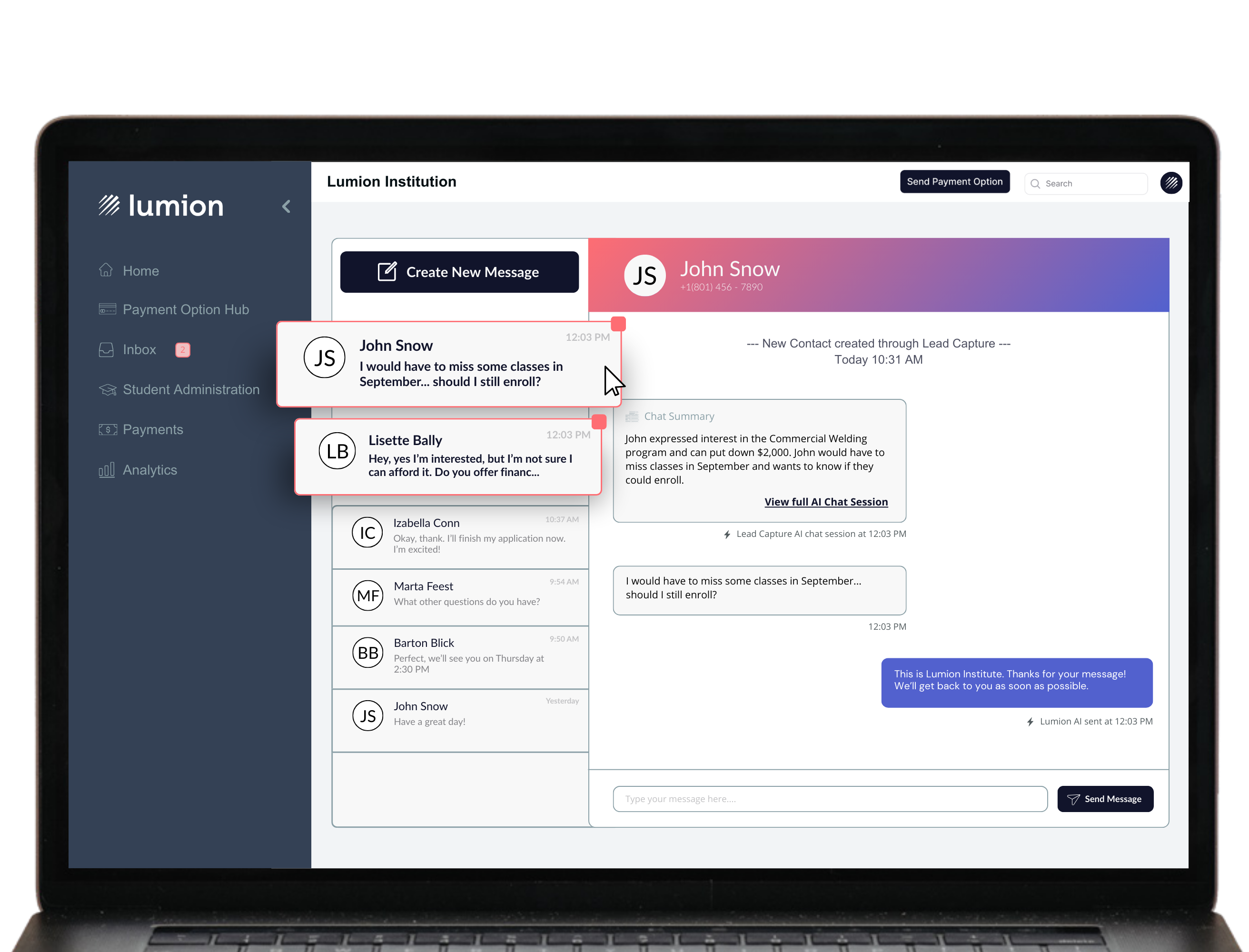 Lumion inbox interface for student engagement and messaging