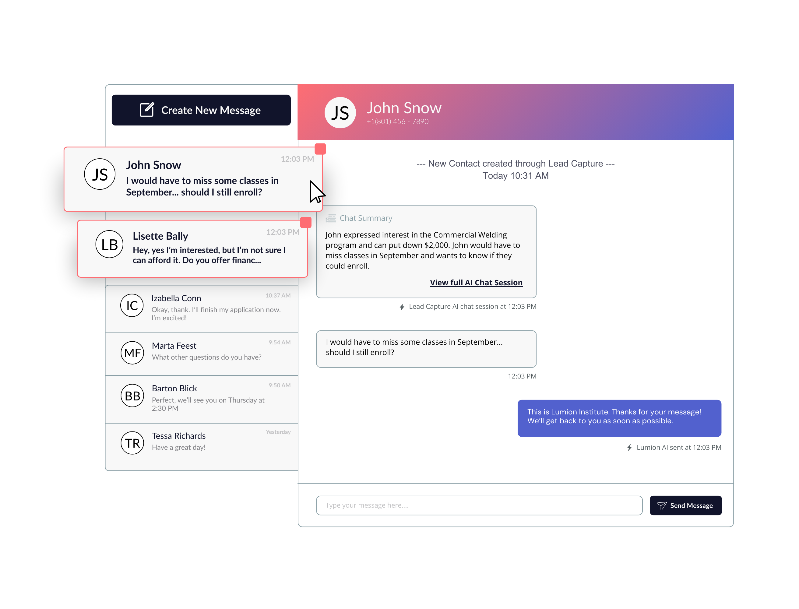AI chatbot interface capturing leads on trade school website