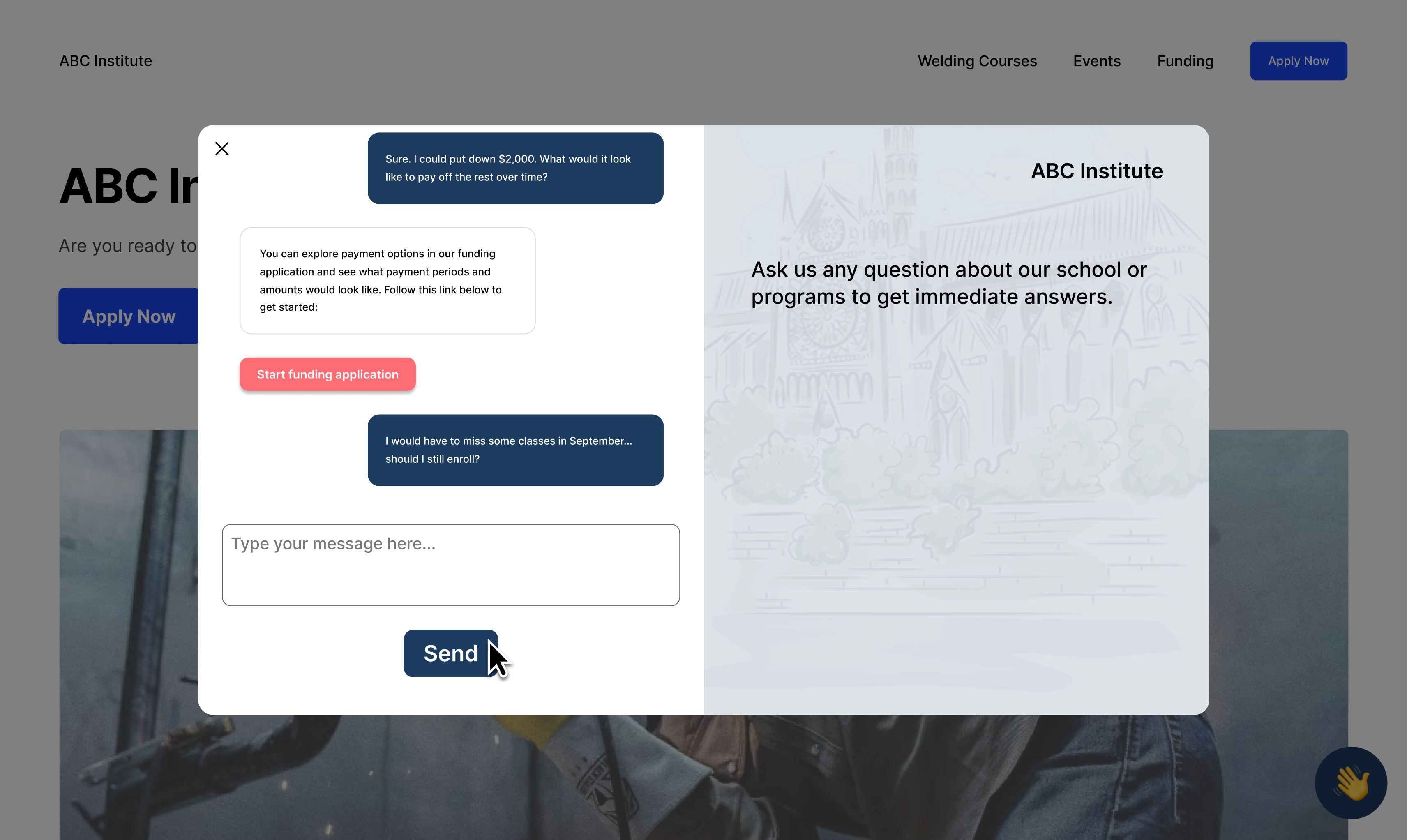 AI chatbot interface capturing leads on trade school website