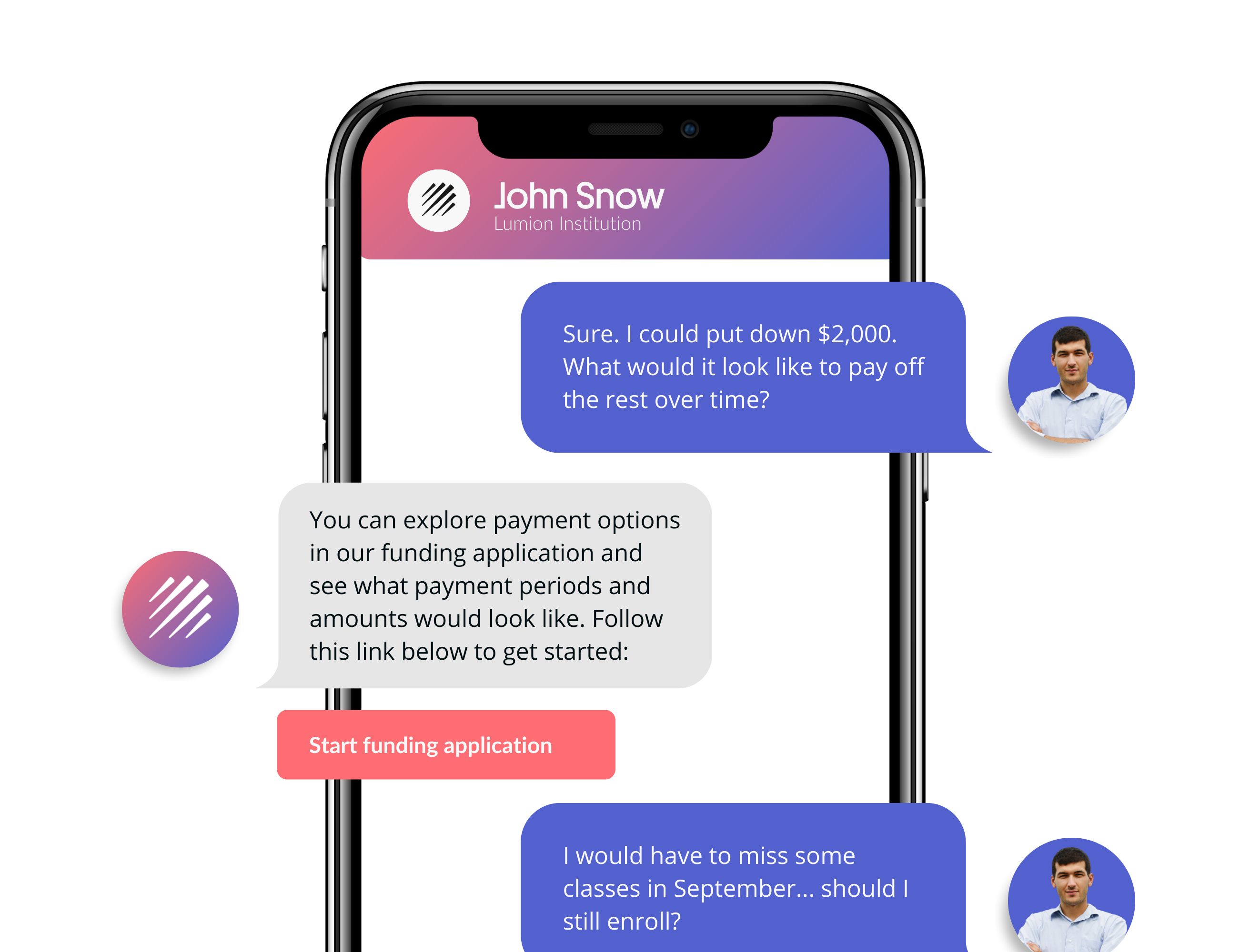 Mobile messaging interface showing payment plan discussions and funding application processes