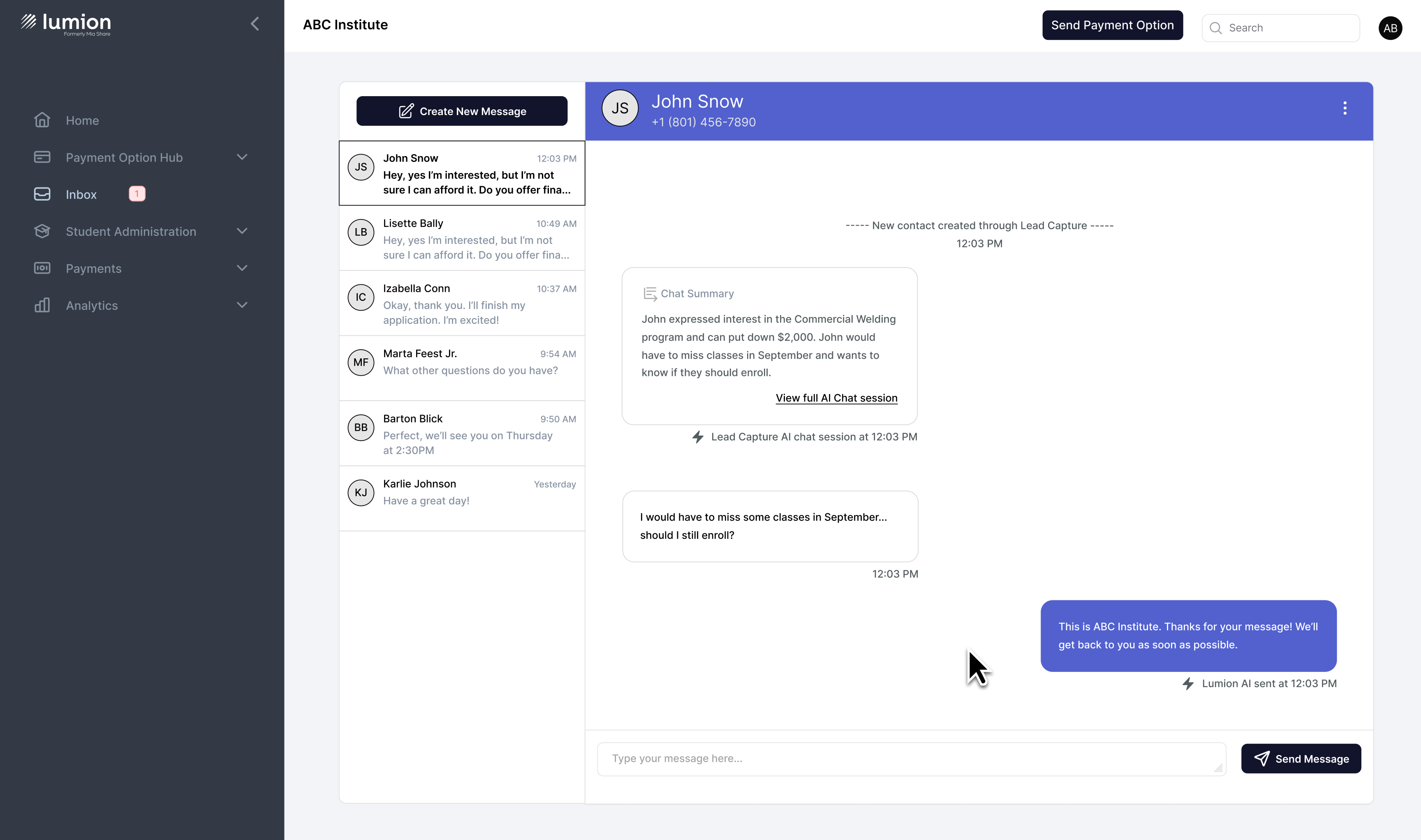 Lumion inbox interface for student engagement and messaging