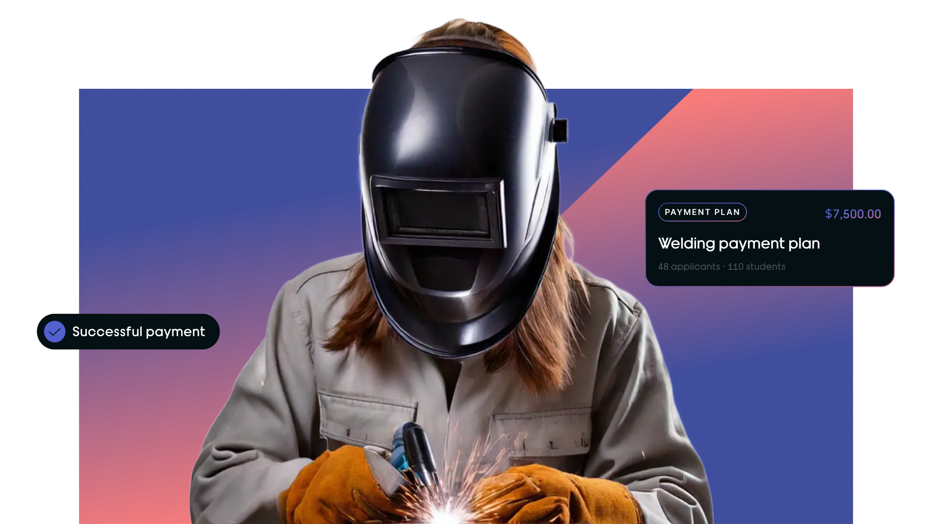 Lumion trade school platform showing welding payment plan interface with student actively welding