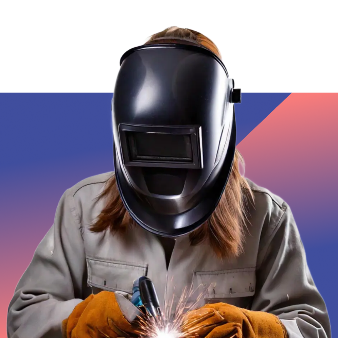 Professional welder in action with welding sparks and protective gear